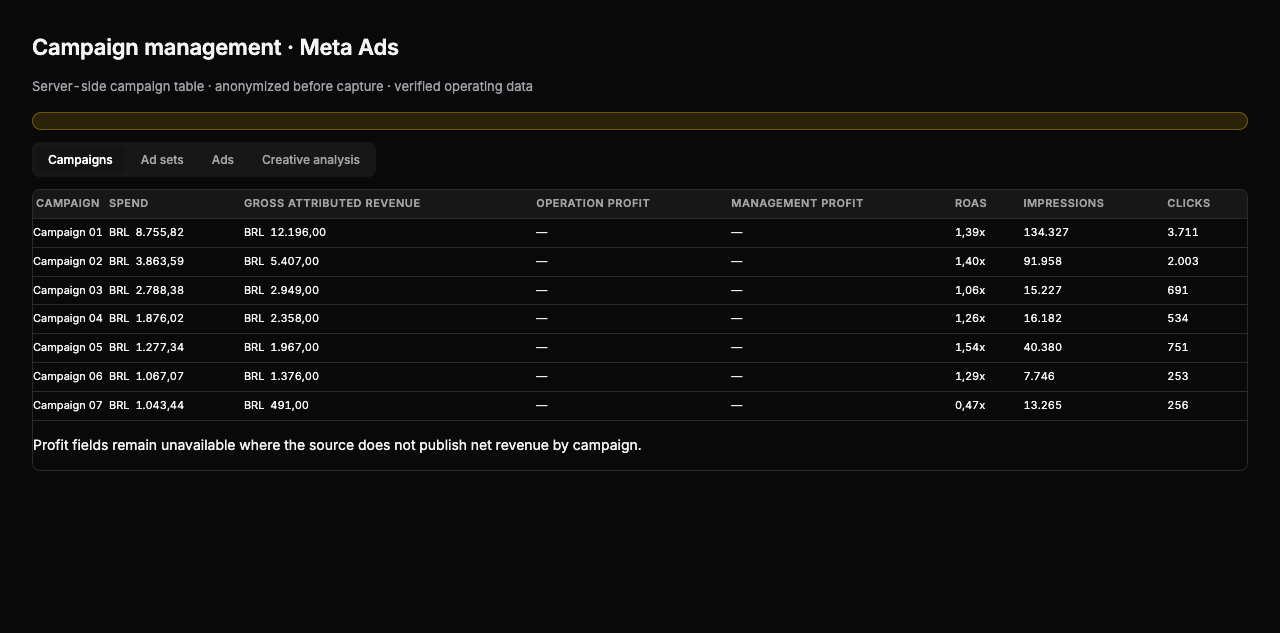 Anonymized server-side campaign management table with spend, attributed revenue, ROAS, impressions and clicks